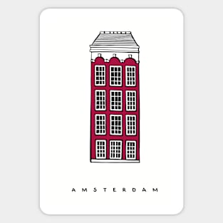 Red four story house. Amsterdam, Netherlands. Realistic illustration. Sticker